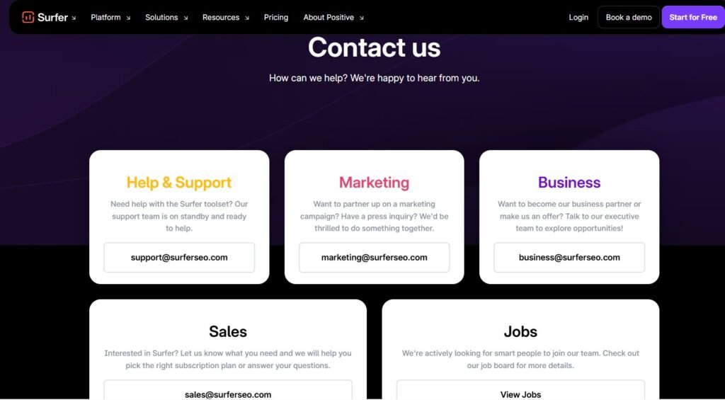customer support options at SurferSEO